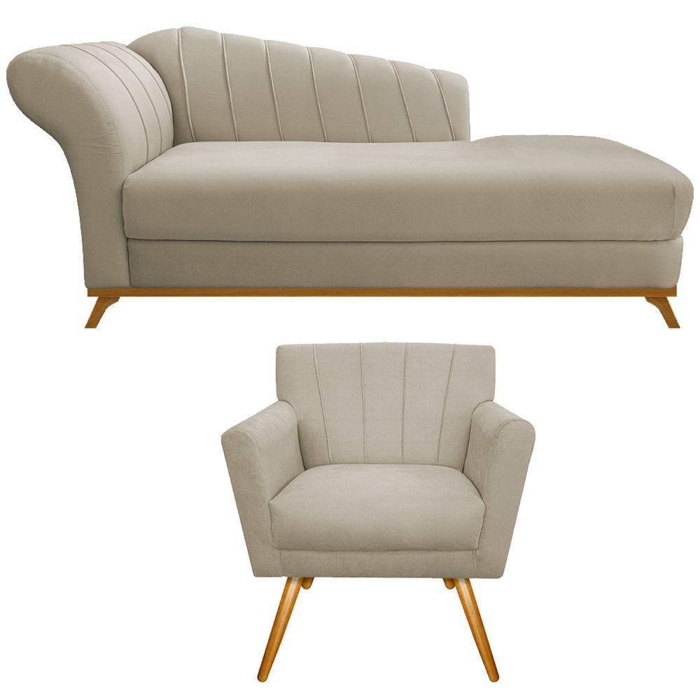 Kit Diva Recamier Vanessa 185cm Lado Direito E 01 Poltrona Laura Suede Cor Bege - 1