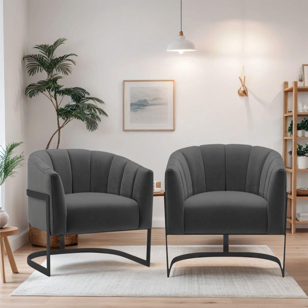 Kit 2 Poltronas Decorativas Sala De Estar Recepção Mavie Base De Ferro Preto Linho - Amarena Móveis Cor Cinza Escuro - 5