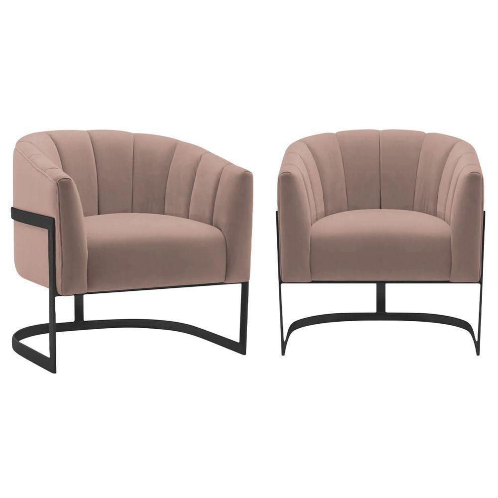 Kit 2 Poltronas Decorativas Sala De Estar Recepção Mavie Base De Ferro Preto Linho - Amarena Móveis Cor Rosê - 1