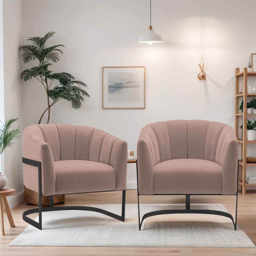Kit 2 Poltronas Decorativas Sala De Estar Recepção Mavie Base De Ferro Preto Linho - Amarena Móveis Cor Rosê - 6