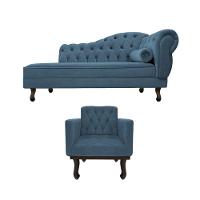 Kit Diva Recamier Diana 120cm Lado Esquerdo E 1 Poltrona Classic Linho - Amarena Móveis Cor Azul Royal - 1