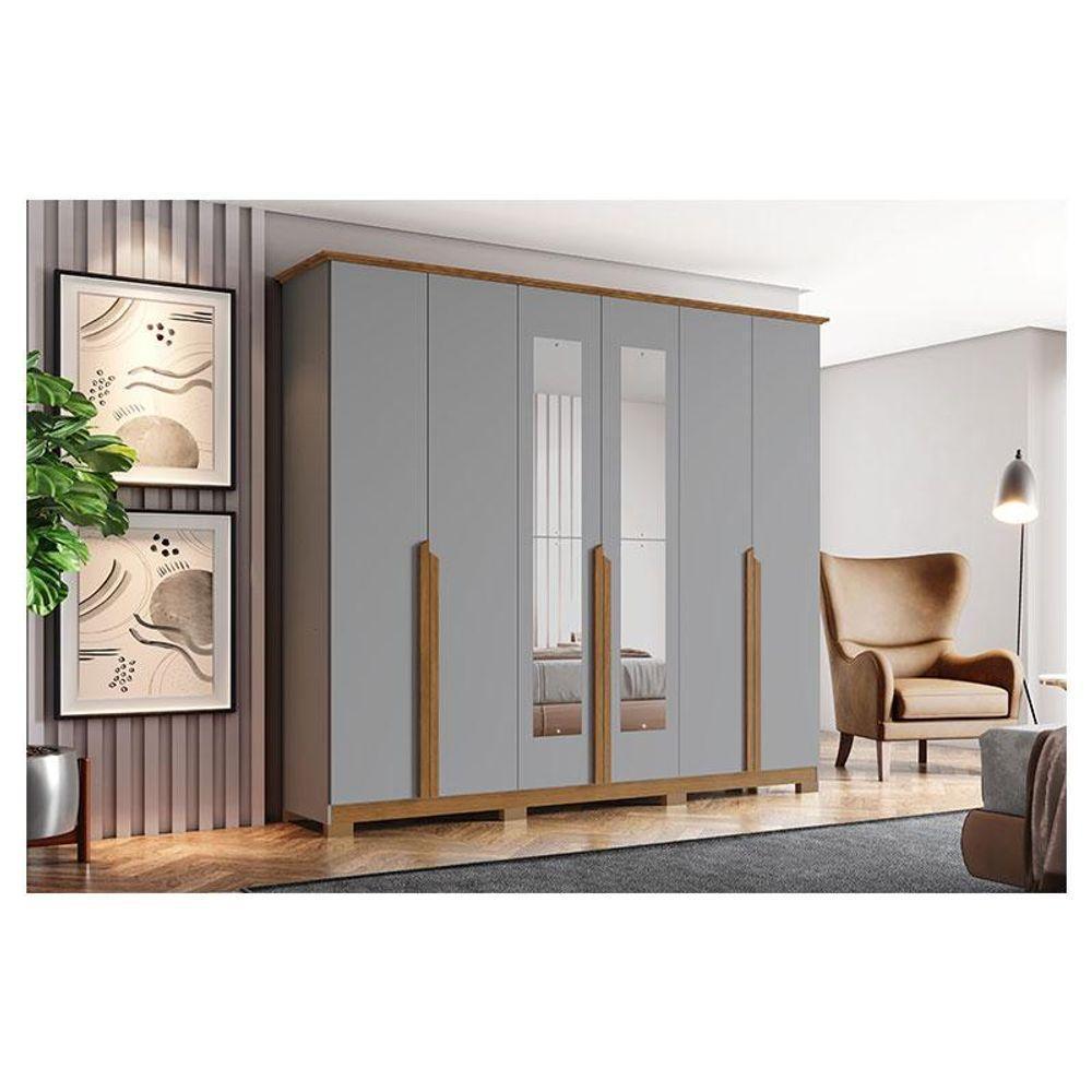 Guarda Roupa Casal Andréas 6 Portas Cinza Nature Com Espelho - Henn - 4
