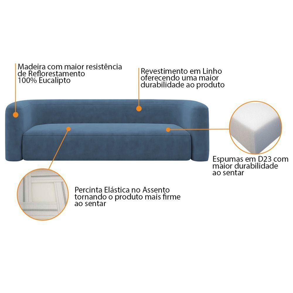 Sofá 3 Lugares 200cm Orgânico Luxo Recepção Melina Linho Adj Decor Azul Royal - 6