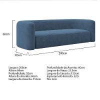 Sofá 3 Lugares 200cm Orgânico Luxo Recepção Melina Linho Adj Decor Azul Royal - 7