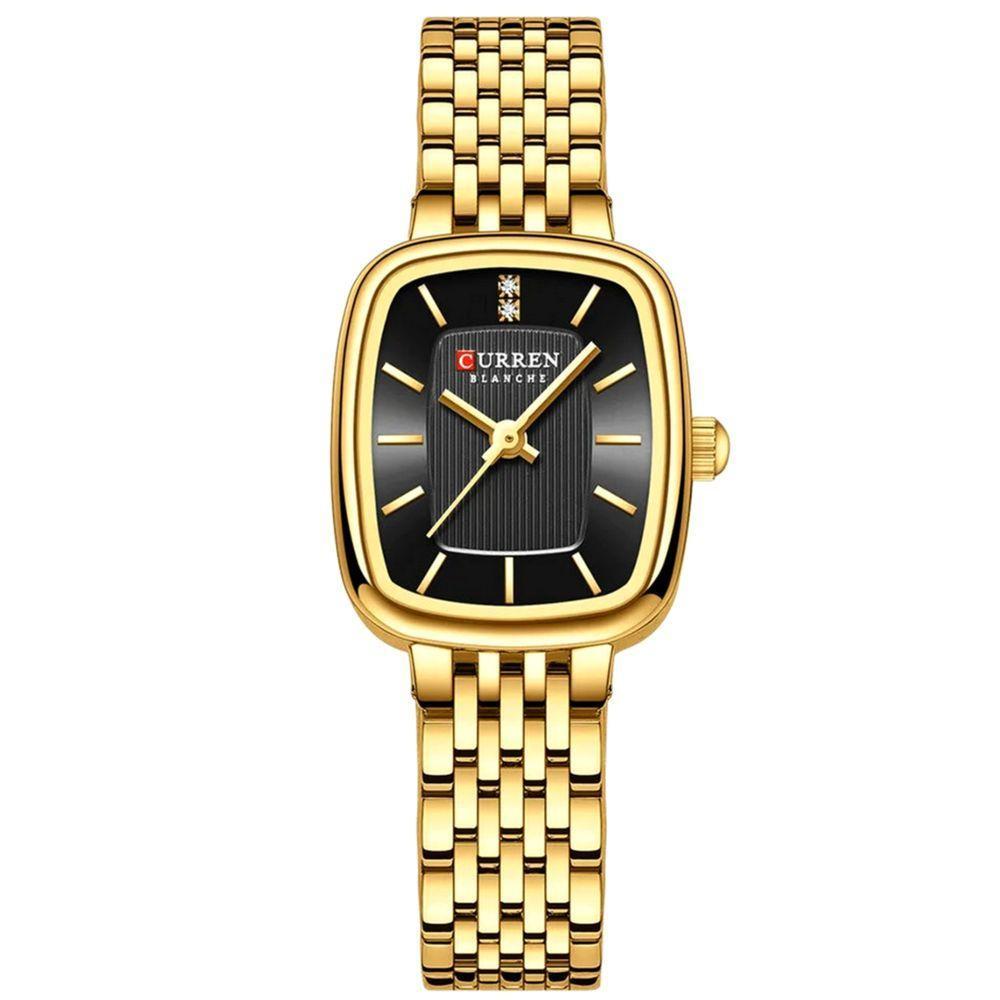 Relógio De Pulso Quartzo Feminino Design Elegante Strass Pulseira Em Aço Inoxidavel Preto Dourado - 1