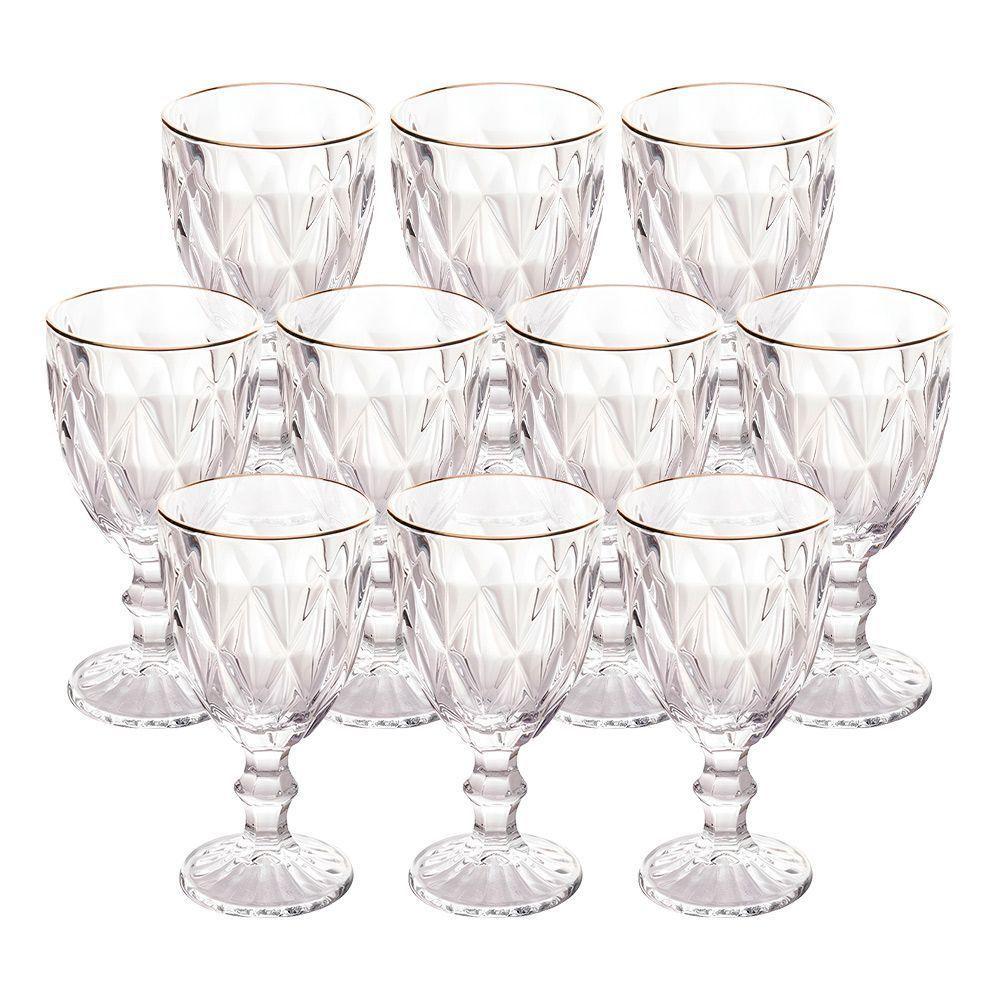 Jogo 10 Taças De Vidro Com Borda Dourada Diamond Cor Transparente água 300ml Class Home - 1