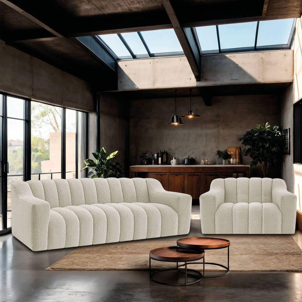 Kit 1 Sofá 200cm 2 Poltrona Luxo Recepção Sala Elegance Bouclé Cor Bege - 2