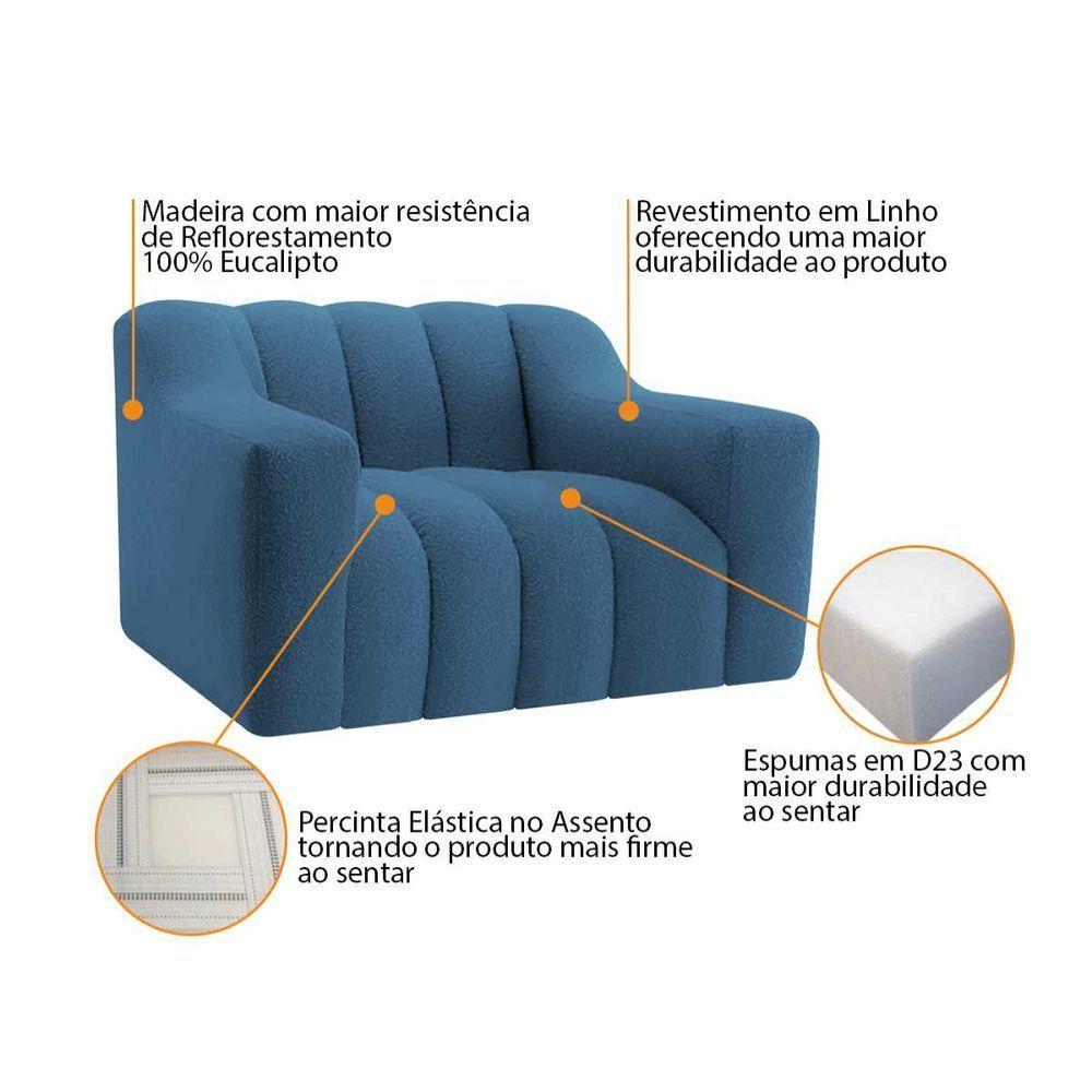 Kit 1 Sofá 180cm 2 Poltrona Luxo Recepção Sala Elegance Linho Cor Azul Royal - 3