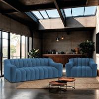 Kit 1 Sofá 180cm 2 Poltrona Luxo Recepção Sala Elegance Linho Cor Azul Royal - 6