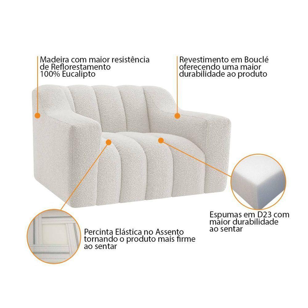 Kit 1 Sofá 180cm 2 Poltrona Luxo Recepção Sala Elegance Bouclé Cor Branco - 6