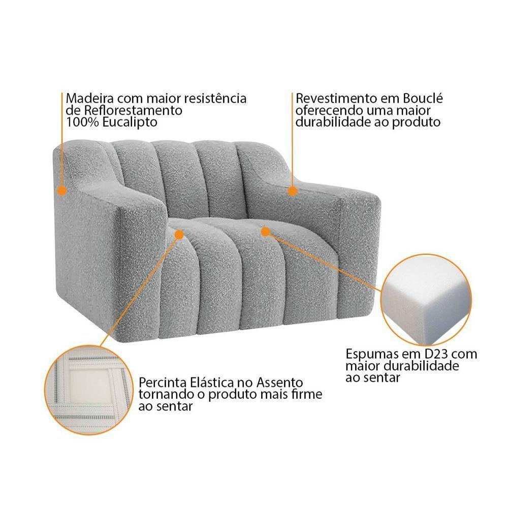 Kit 1 Sofá 150cm 2 Poltrona Luxo Recepção Sala Elegance Bouclé Cor Cinza - 4