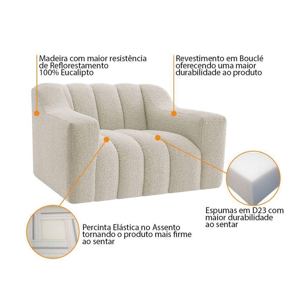 Kit 1 Sofá 180cm 2 Poltrona Luxo Recepção Sala Elegance Bouclé Cor Bege - 7