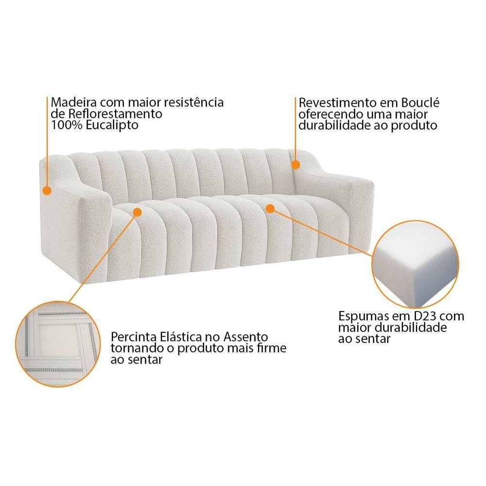 Kit 1 Sofá 200cm 2 Poltrona Luxo Recepção Sala Elegance Bouclé Cor Branco - 6