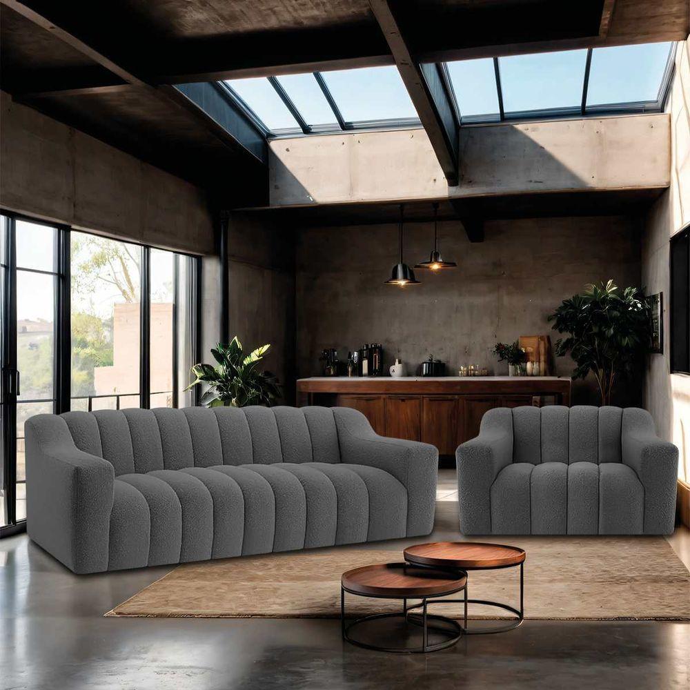 Kit 1 Sofá 180cm 1 Poltrona Luxo Recepção Sala Elegance Linho Cor Cinza Escuro - 4