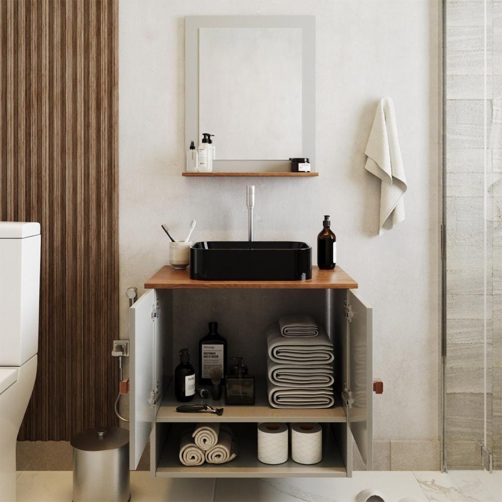 Gabinete Arm Banheiro Deli 2 Portas Com Cuba Oxford Preta Off White nature - 2