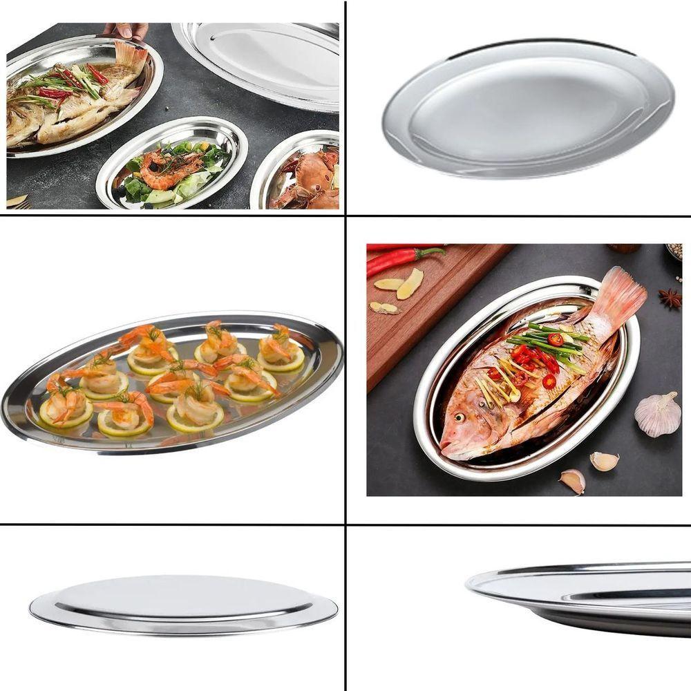 Kit 6 Bandeja Travessa Oval Rasa Inox Filé Fritas Peixe 39cm - 9