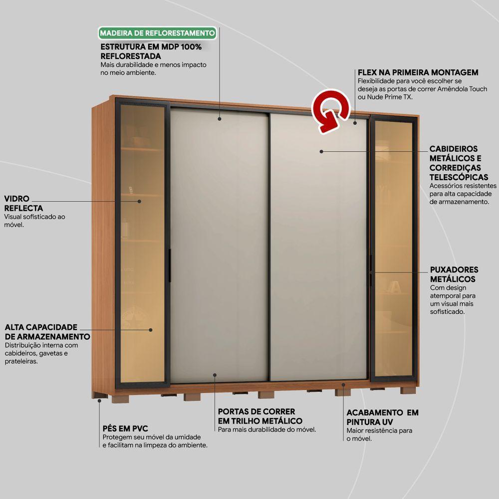 Guarda Roupa Casal 4 Portas 2 Portas em Reflecta com Pés Amendola Touch/Nude Prime Tx Demartêz - 6