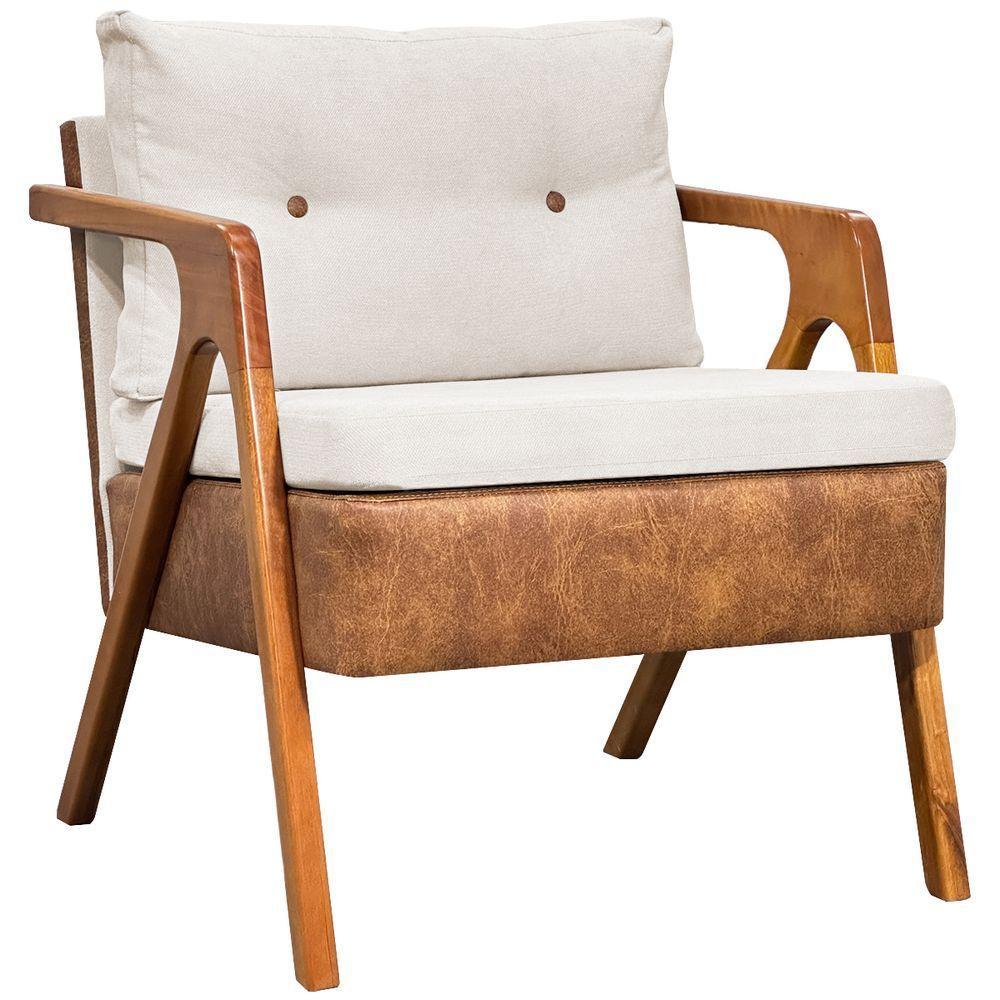 Poltrona Linho Moderna Laura Corino Com Linho Pé Castanho - Off White, Linho - 1