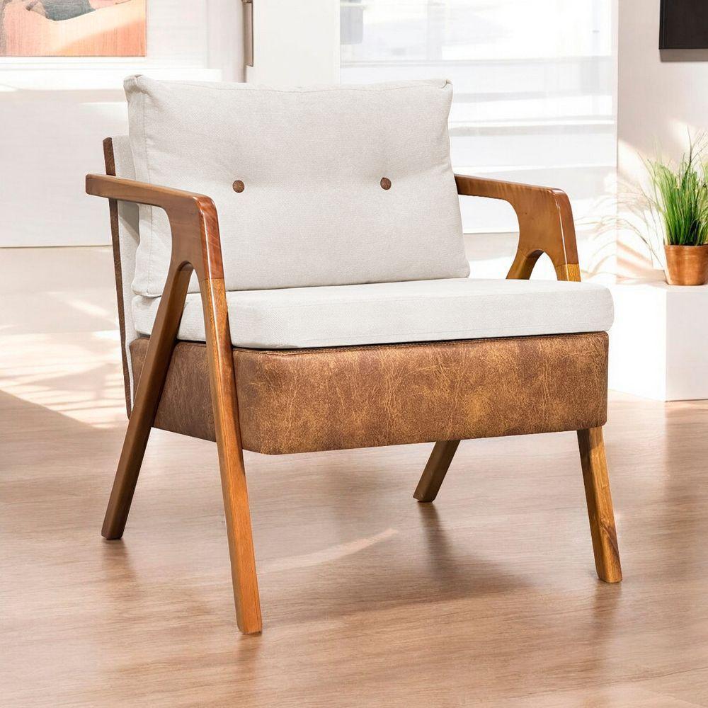 Poltrona Linho Moderna Laura Corino Com Linho Pé Castanho - Off White, Linho - 2