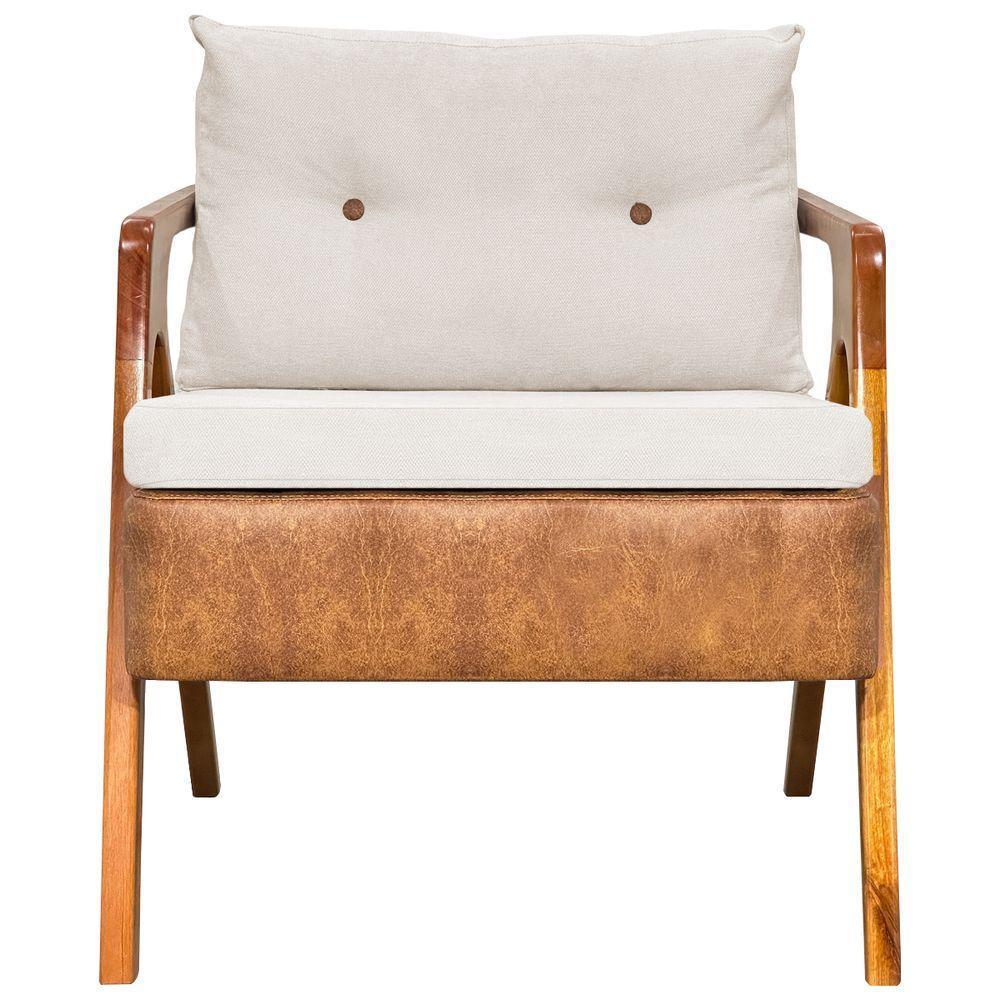 Poltrona Linho Moderna Laura Corino Com Linho Pé Castanho - Off White, Linho - 3