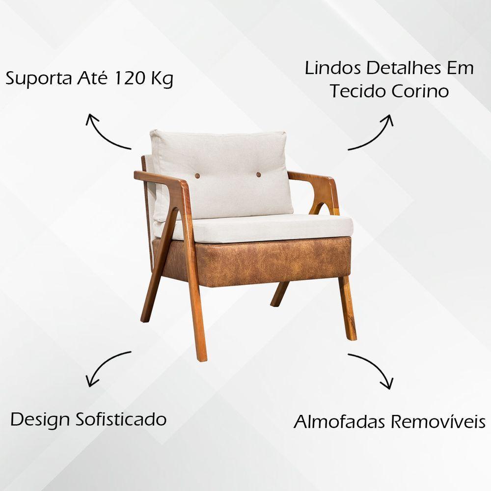 Poltrona Linho Moderna Laura Corino Com Linho Pé Castanho - Off White, Linho - 8