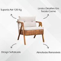 Poltrona Linho Moderna Laura Corino Com Linho Pé Castanho - Off White, Linho - 8