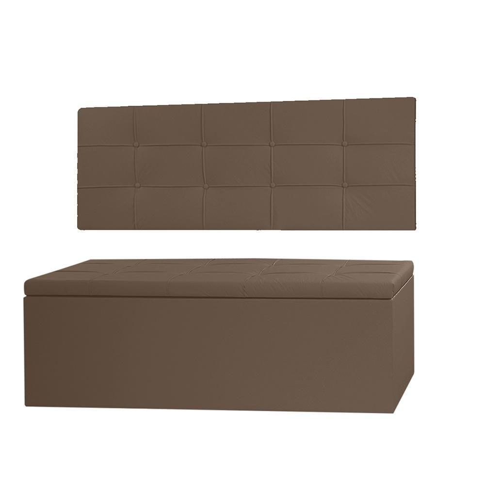 Kit Cabeceira Painel E Calçadeira Baú Casal 1,40m Roma Material Sintético Marrom Sky Mobile - 1