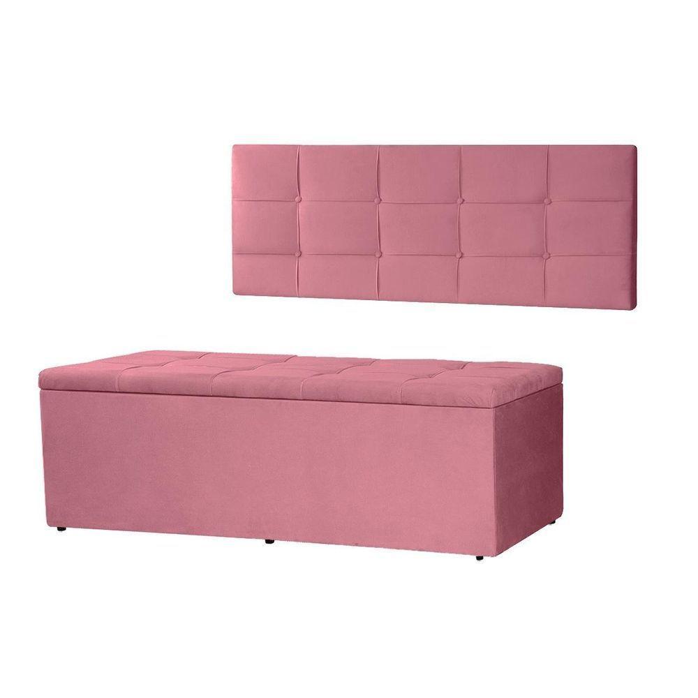 Kit Cabeceira Painel E Calçadeira Baú Casal 1,40m Roma Suede Rosa Sky Mobile - 1