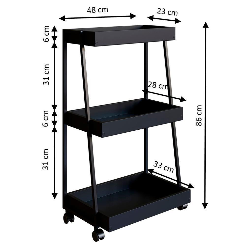 Carrinho Organizador Multiuso 03 Prateleiras P1032 Preto Pp Milani Store Preto - 3