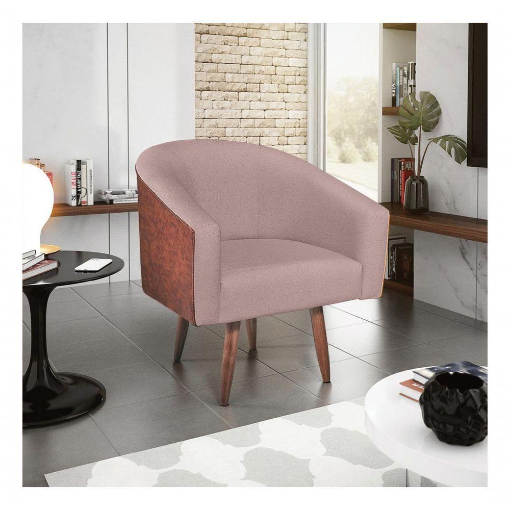 Poltrona Luiza Sintético Nozes E Linho Bege - Amarena Móveis Cor Rosê Desenho Do Tecido Linho - 1