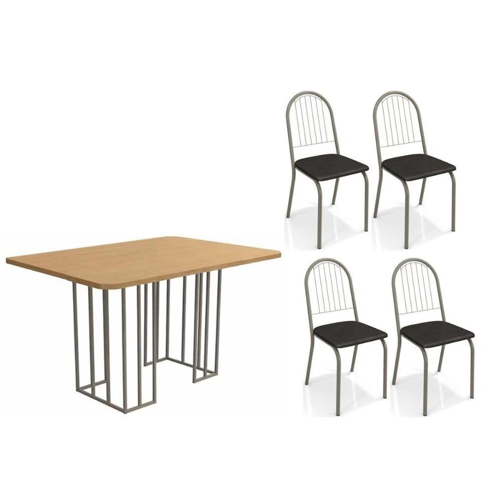 Sala de Jantar Completa Duina c/ Tampo de Madeira 136cm e 4 Cadeiras Noruega Niquel/Freijo - Courano Preto - Kappesberg - 1