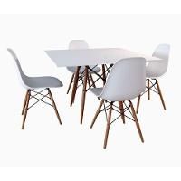 Conjunto De Mesa De Jantar Eames Eiffel Quadrada 90cm Tampo De Madeira Branco Com 4 Cadeiras Brancas - 1