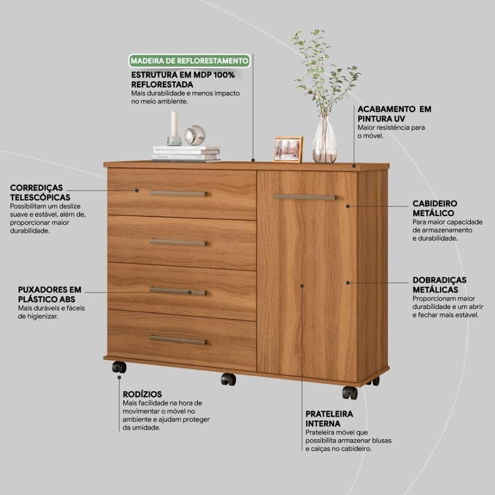 Cômoda 4 Gavetas 1 Porta Com Rodizios Flora Amêndola Touch - 5