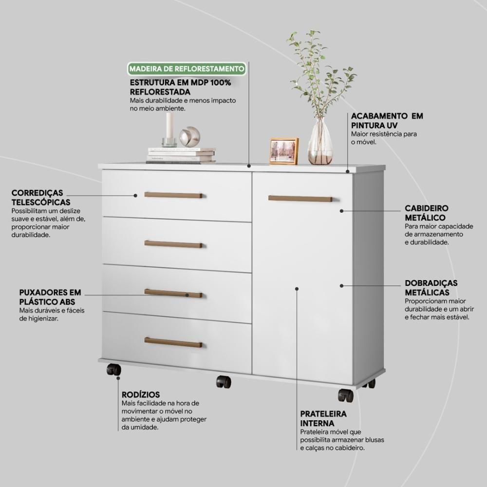 Cômoda 4 Gavetas 1 Porta Com Rodizios Flora Branco - 6