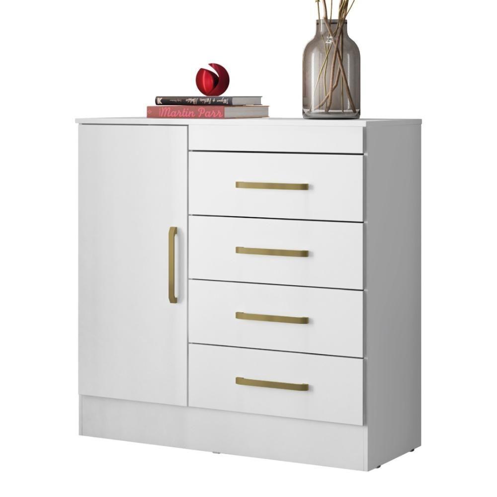 Cômoda 4 Gavetas 1 Porta Com Rodizios Montevidéu Branco rosa branco - 1
