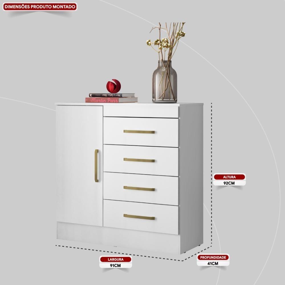 Cômoda 4 Gavetas 1 Porta Com Rodizios Montevidéu Branco rosa branco - 6