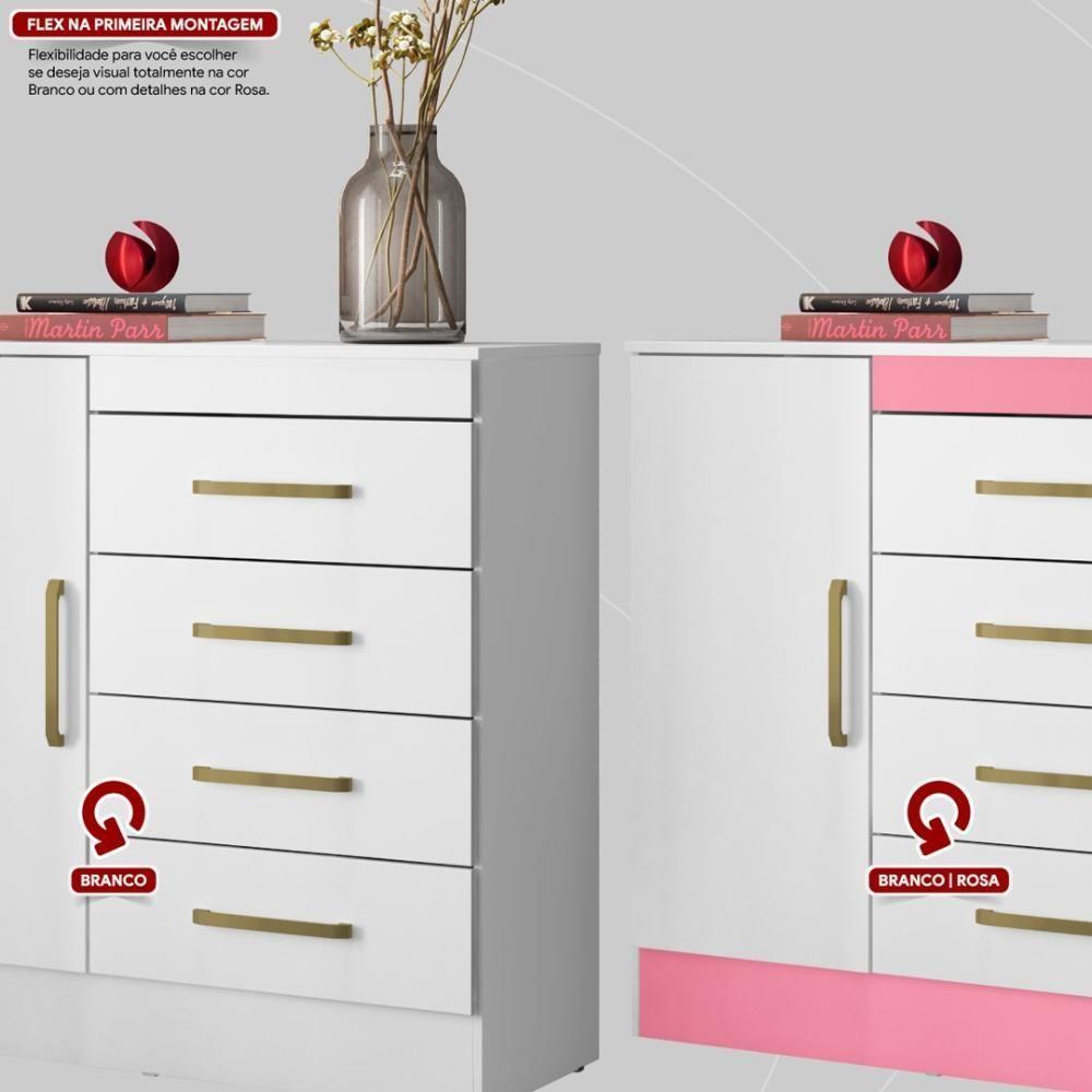 Cômoda 4 Gavetas 1 Porta Com Rodizios Montevidéu Branco rosa branco - 7