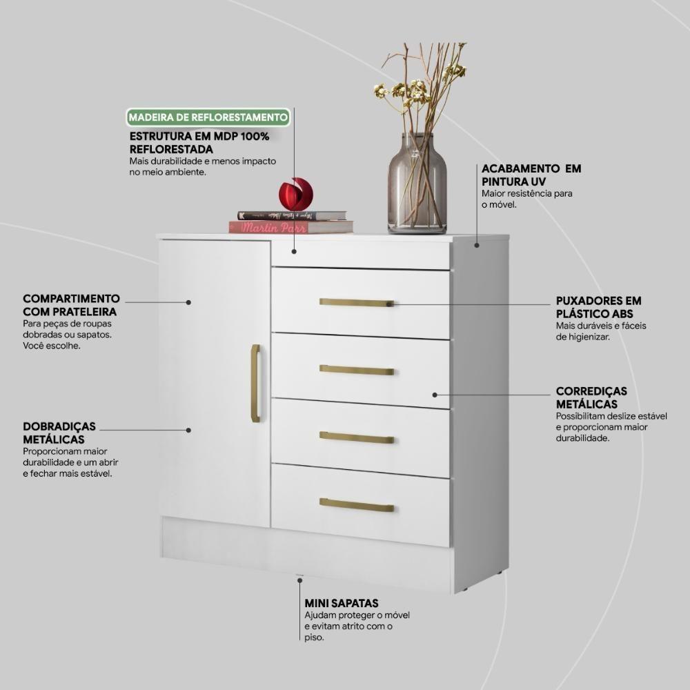 Cômoda 4 Gavetas 1 Porta Com Rodizios Montevidéu Branco rosa branco - 9