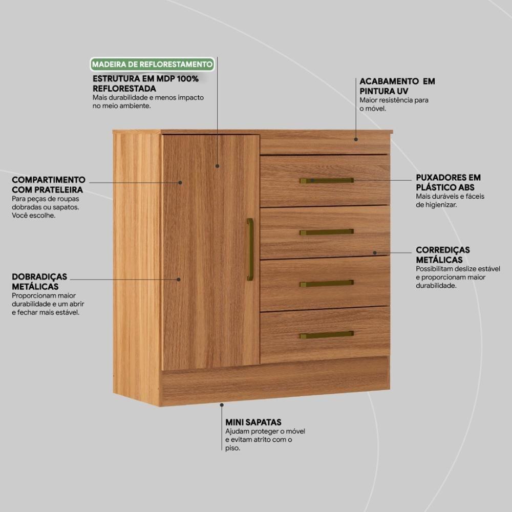 Cômoda 4 Gavetas 1 Porta Com Rodizios Montevidéu Amêndola Touch - 6