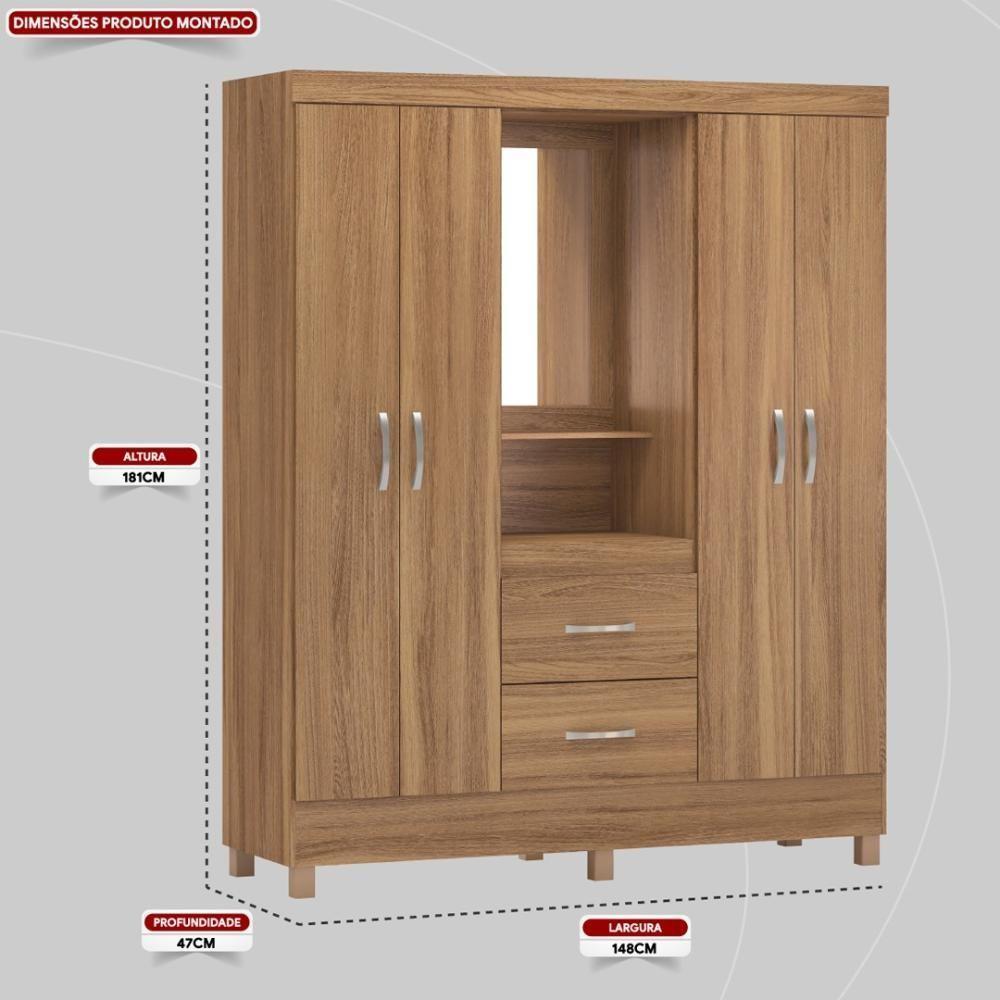 Guarda Roupa Solteiro 4 Portas Com Espelho E 2 Gavetas Loanda Amêndola Touch - 2