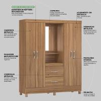 Guarda Roupa Solteiro 4 Portas Com Espelho E 2 Gavetas Loanda Amêndola Touch - 5