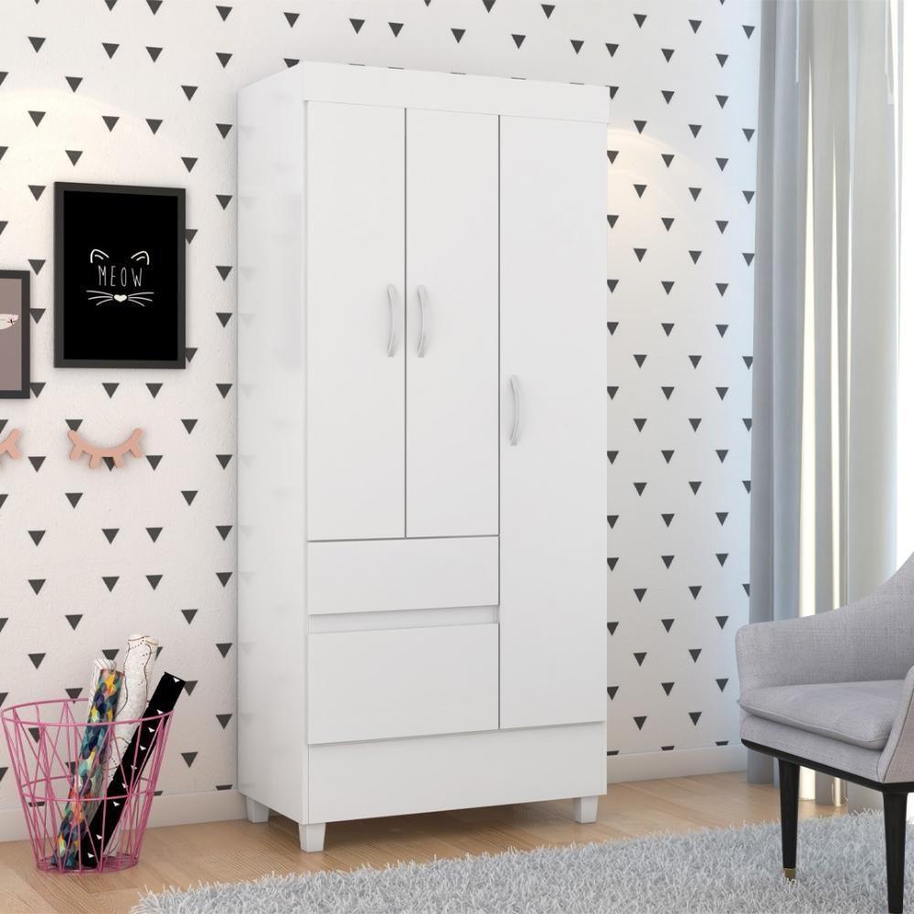 Guarda Roupa Solteiro 3 Portas E 2 Gavetas Castro Branco-rosa-branco - 1