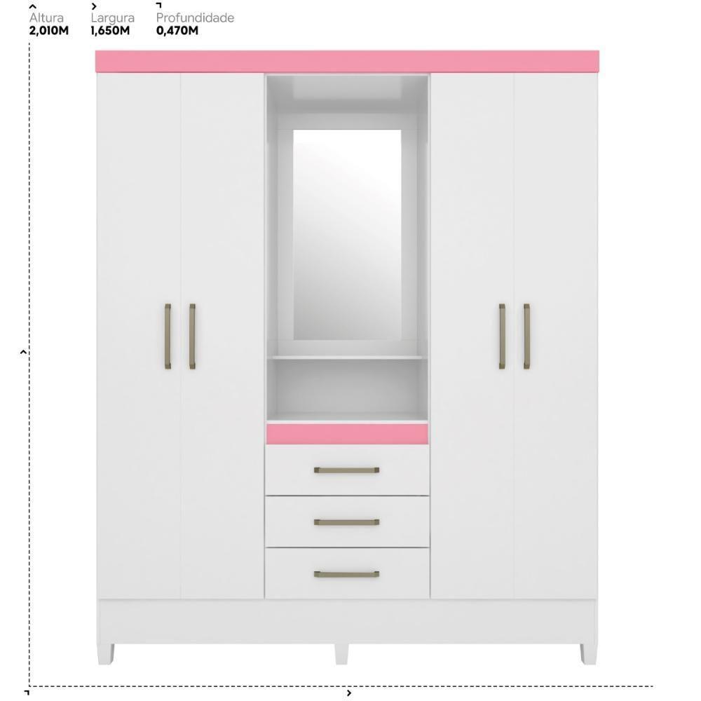 Guarda Roupa Casal 4 Portas Com Espelho E 3 Gavetas Colombo Branco-rosa-branco - 2