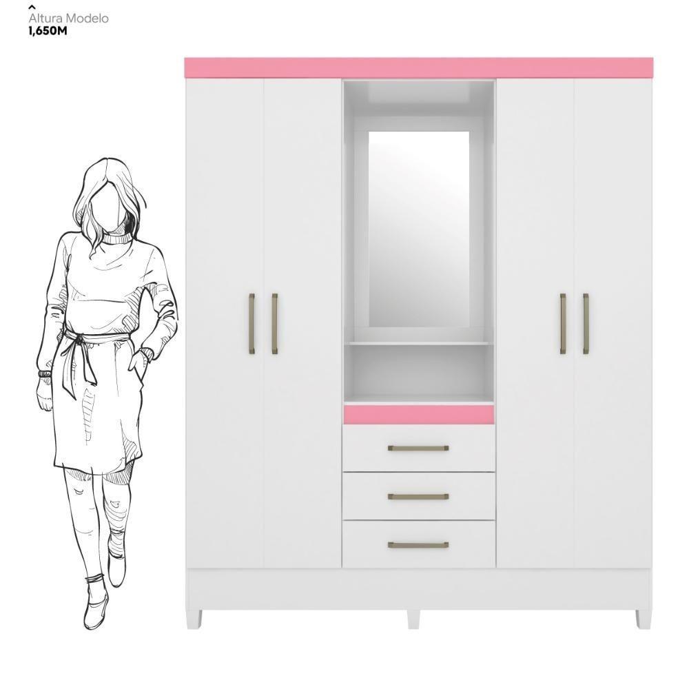 Guarda Roupa Casal 4 Portas Com Espelho E 3 Gavetas Colombo Branco-rosa-branco - 5