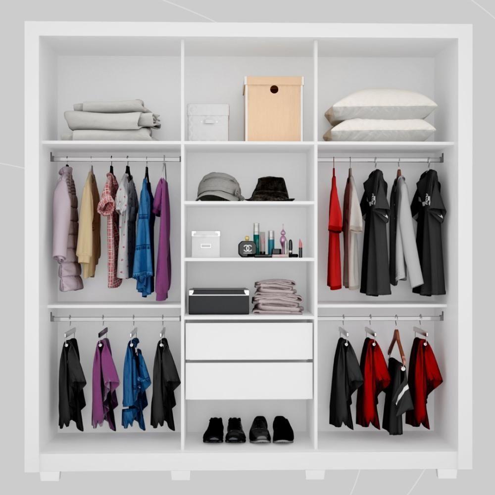 Guarda Roupa Casal 3 Portas Com Espelho E 2 Gavetas Residence Branco - 3