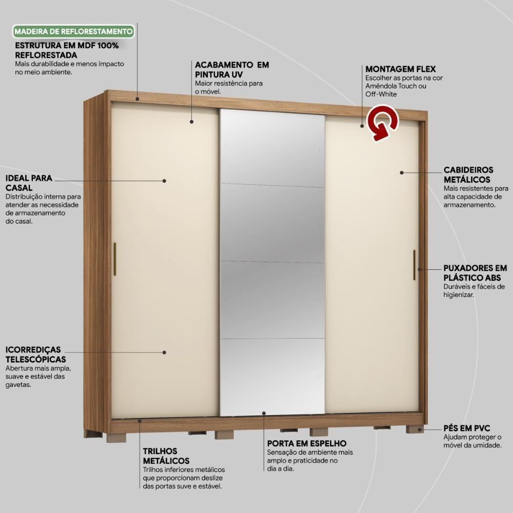 Guarda Roupa Casal 3 Portas Com Espelho E 4 Gavetas Dalila Amêndola Touch-off White - 6