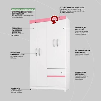 Guarda Roupa Solteiro Almirante 4 Portas de Bater 2 Gavetas Branco-Rosa-Branco MDP
