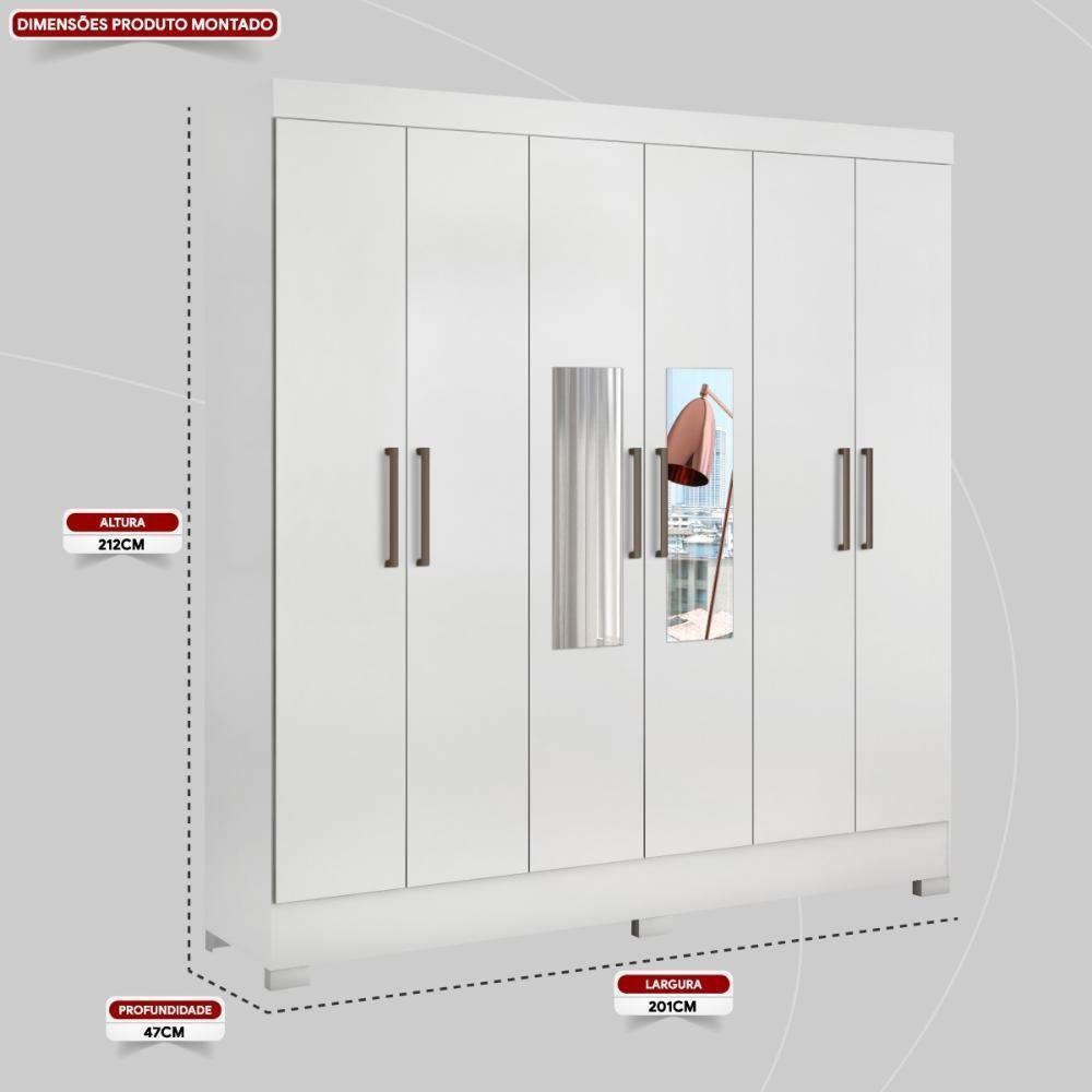 Guarda Roupa Casal 6 Portas Com Espelho E 3 Gavetas Prático Branco Branco - 2