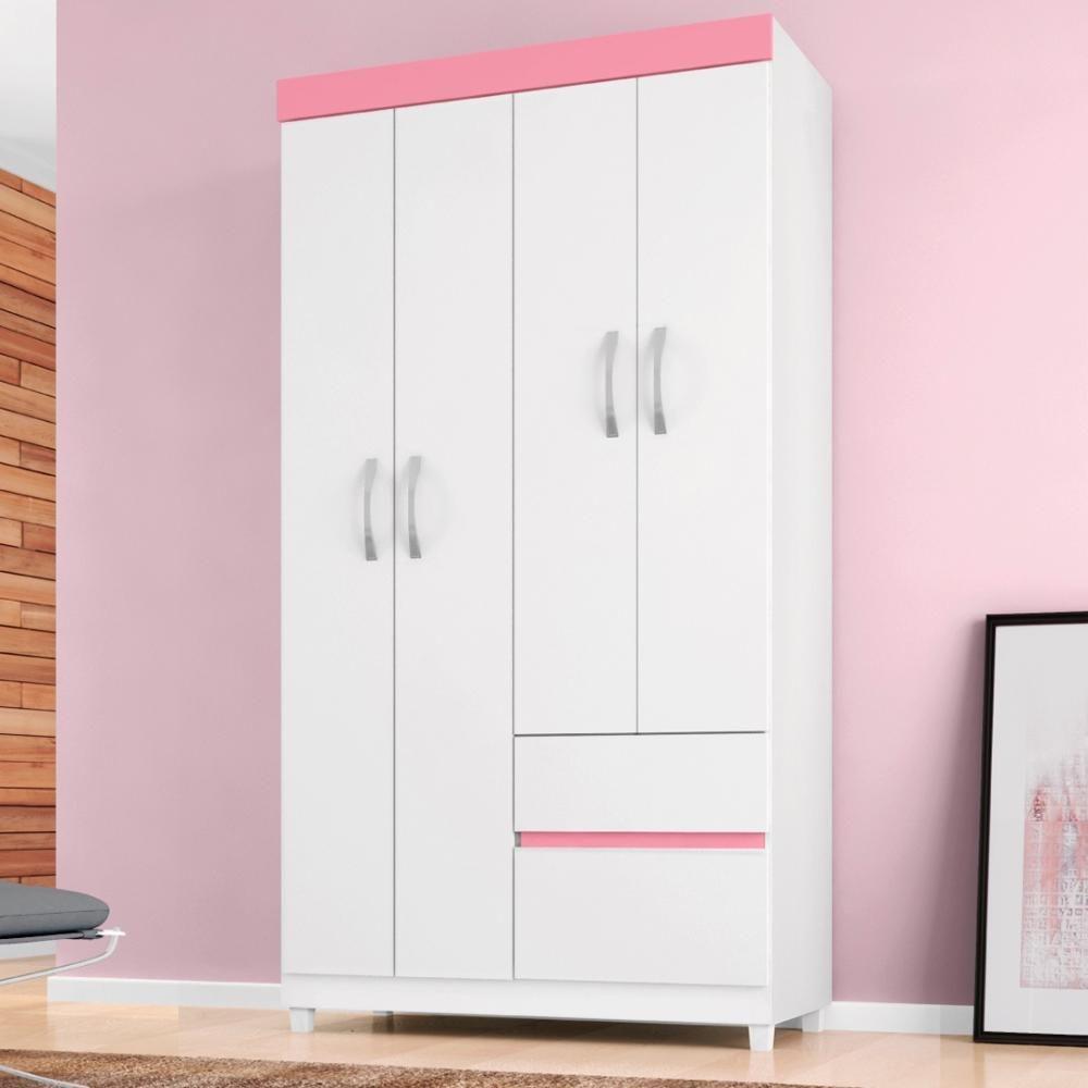 Guarda Roupa Solteiro 4 Portas E 2 Gavetas Almirante Branco-rosa-branco Branco-rosa-branco - 1