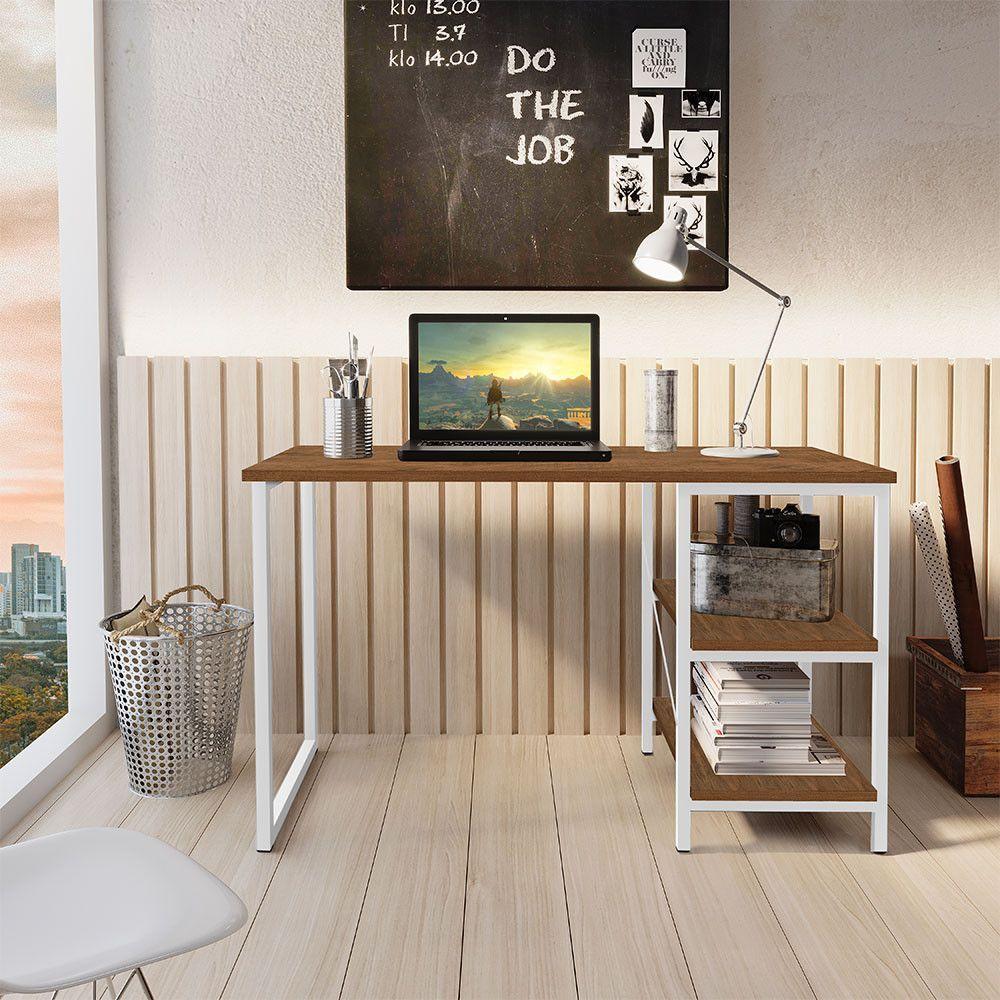 Escrivaninha De Notebook Office Star 120cm 2 Prateleiras Klm Branco Com Imbuia - 1